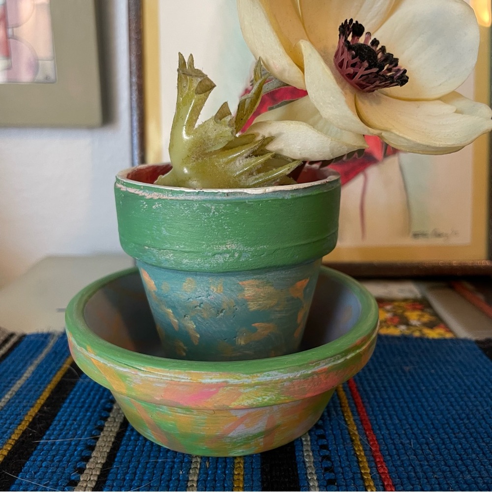 ORIGINAL POTTERY ART Hand painted multi colored pot with saucer
